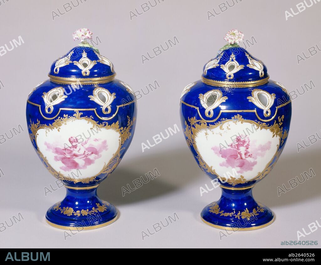 Pair of Potpourri Vases (potspourris Pompadour, troisième grandeur); Model designed by Jean-Claude Duplessis père, French, about 1695 - 1774, active Sèvres, France 1745/1748 - 1774, Painted by Jean-Louis Morin, French, 1732 - 1787, active at Vincennes and Sèvres from 1754, After engraved designs by François Boucher, French, 1703 - 1770, Vincennes Porcelain Manufactory, French, active about 1740 - 1756; Vincennes, France, Europe; 1755; Soft-paste porcelain, bleu lapis ground color, carmine red decoration, gilding; Various, see extensions.