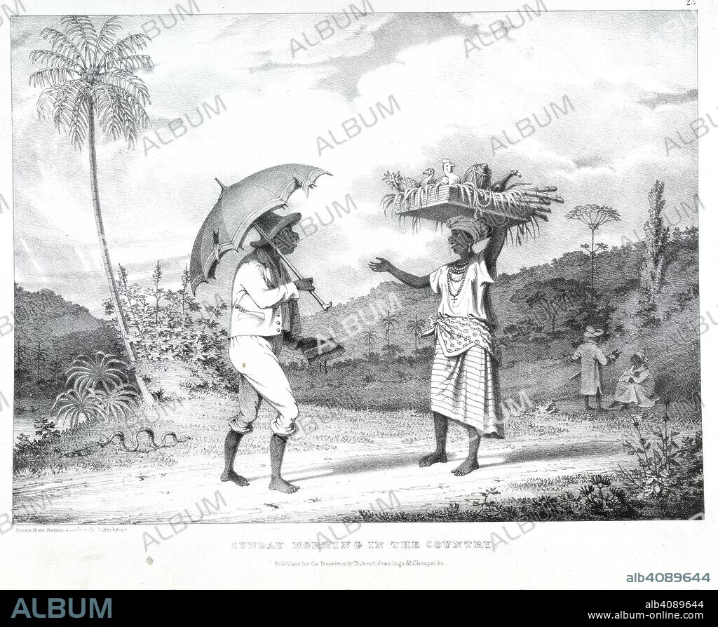 RICHARD BRIDGENS. Sunday morning in the country. West India Scenery, with illustrations of negro ch. R. Jennings & Co.: London, [1836?]. Sunday morning in the country'. Two Negroes converse. One holds a parasol and the other, a box containing fruit and fowl. On the right is a Papua tree. A snake can be seen on the ground. Image taken from West India Scenery, with illustrations of negro character, the process of making sugar, &c., from sketches taken during a voyage to, and residence of seven years in, the island of Trinidad. [Plates, with accompanying text.]. Source: 789.g.13, plate 15. Language: English.