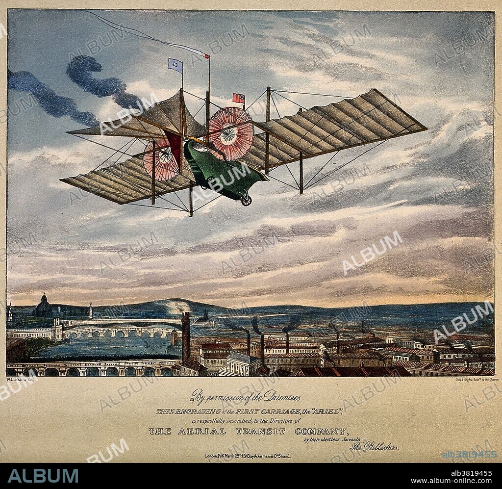 Lithograph by W. L Walton showing Henson's Aerial Steam Carriage in an imagined flight over a city. William Henson(1812-1888), a pre-Wright brothers aviation engineer and inventor, patented his Aerial Steam Carriage in 1842. Although it never flew, the aircraft's design influenced later aviation pioneers. Henson filed a patent on "The Aerial" in 1842 and ambitiously set up the Aerial Transit Company, a worldwide airline service, with John Stringfellow.