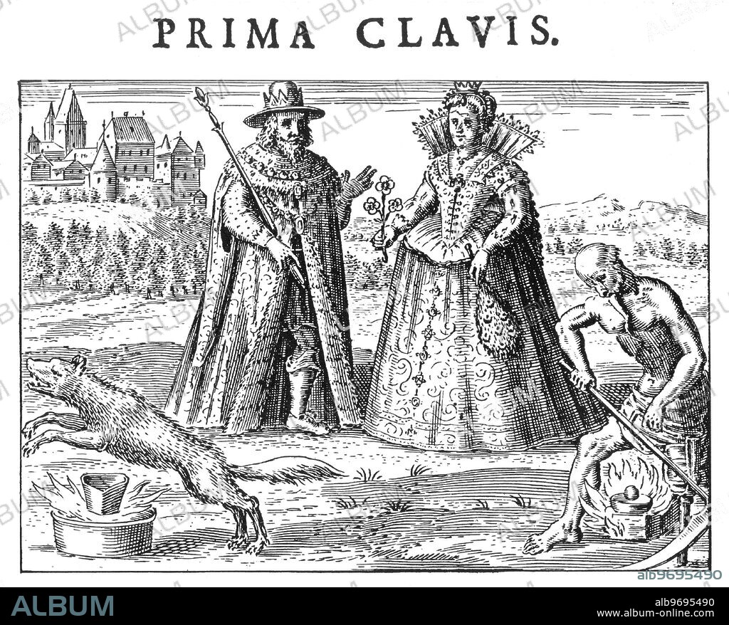 ALCHEMY - TWELVE KEYS - KING - QUEEN - WOLF. The First Key of Basil Valentine, from Practica cum Duodecim Clavibus in the Tripus Aureus of Michael Maier, 1618. The King and Queen are the staple symbols of the animus and anima within man (the true object of the alchemical search), or the Gold and Silver of the spagyric art. The three flowers held by the Queen indicate that the process of purification must be carried out three times. The wolf is said to represent both Mars and Antimony: it is leaping over one of the more mysterious of the alchemical symbols - the thee-sided container. This is probably yet another symbol of Man, for all humans are (in the alchemical vision) three-sided, or three-brained, with Salt the substance of the Mind, Sulphur the substance of the sexual energies, and Mercury the emotions that reconcile the two. Old Man Saturn is working the fire, between his legs - fire being one of the symbols of Sulphur. The identity of Basil Valentine is not known, though he tells us in one of his works that he comes from the Rhineland, and spent some of his youth in England and Belgium. He was a Benedictine monk in the monastery of St. Peter at Erfurt - some records refer to him being in that monastery in 1413. His name is said to be a play on the Greek Basileus (King) and the Latin Valens (Powerful), which is in turn a play on one of the alchemical names for the Lapis, or Stone of the Philosophers, which is the powerful stone of kings.