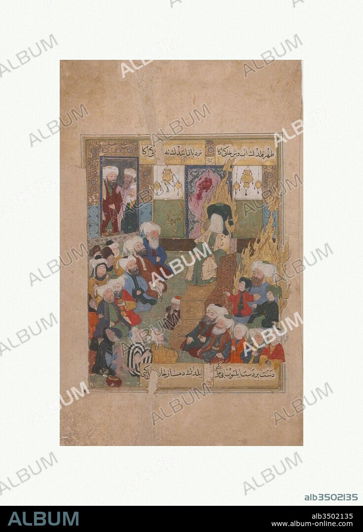 'Prophet Muhammad Preaching', Folio from a Maqtal-i Al-i Rasul of Lami'i Chelebi, late 16th century, Attributed to Turkey or Iraq, Ink, opaque watercolor, and gold on paper, H. 7 13/16 in. (19.8 cm), Codices, The text to which this detached page once belonged, entitled 'The Murder of the House of the Prophet', tells the story of the martyrdom of Husayn ibn 'Ali, one of Muhammad's grandsons and 'Ali's son. His assasination at the battle of Karbala, in present-day Iraq, represented a turning point for the Muslim community and is the origin of the main division between the Sunni and Shi'i sects.