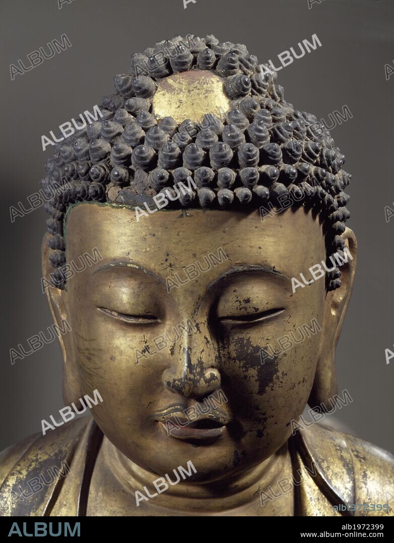 Sitting Buddha, gilded wood statue, Korea. Detail. Korean Civilisation, Goryeo dynasty, 10th-12th century.