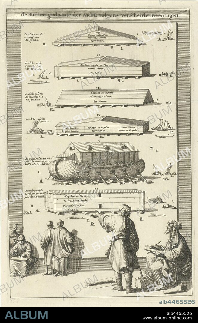 Noah's Ark in six different forms the Outer Form of the Arke according to various opinions (title on object), Numbered upper right: 1008, the ark, story of Noah, Jan Luyken, Amsterdam, 1690, paper, etching, h 286 mm × w 182 mm.