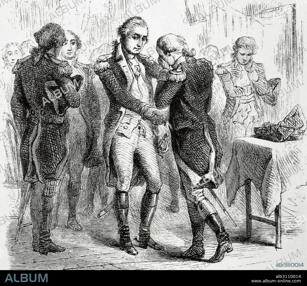 Guerra de Independencia Americana (1775-1783). Despedida de George Washington a sus oficiales, el 4 de diciembre de 1783, al dimitir como Comandante en Jefe del Ejército Continental después de la victoria de Estados Unidos. Grabado.