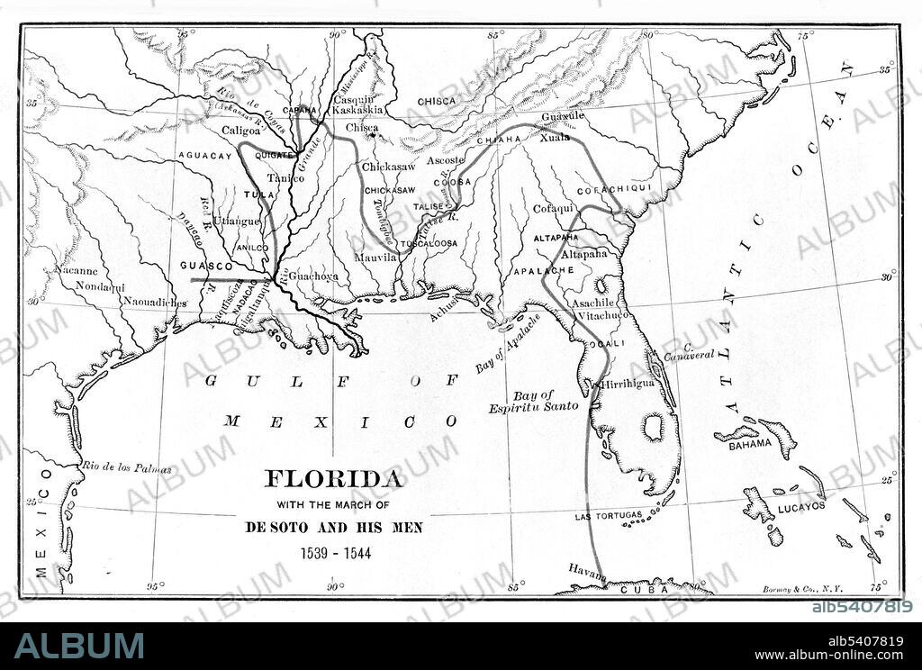 Map of the southern United States outlined with the path of march of de Soto and his men. Hernando de Soto (1496/98 - May 21, 1542) was a Spanish explorer and conquistador. He led the first European expedition deep into the territory of the modern-day US, becoming the first European documented to have crossed the Mississippi River. Bormay & Company, 1898 (cropped and cleaned).
