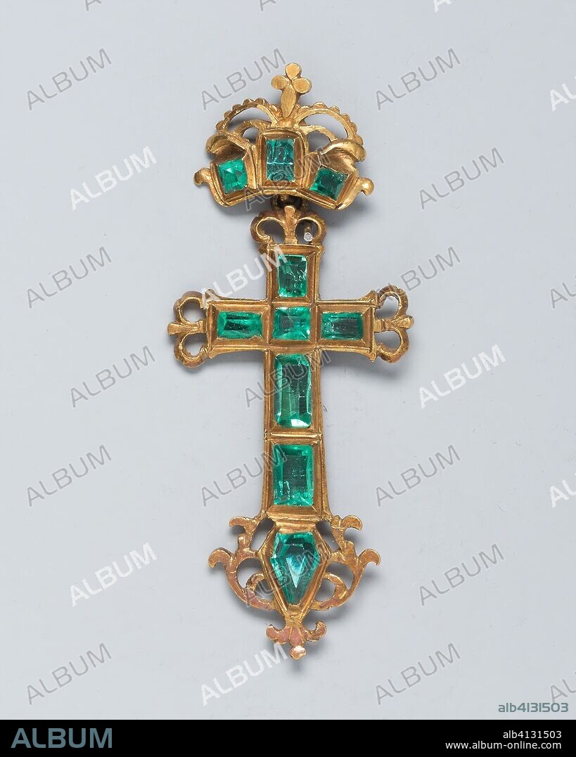 Pendant Cross. Spanish or Spanish Colonial. Date: 1550-1600. Dimensions: 6.3 × 2.7 cm (2 1/2 × 1 1/6 in.). Gold and emeralds. Origin: Spain.