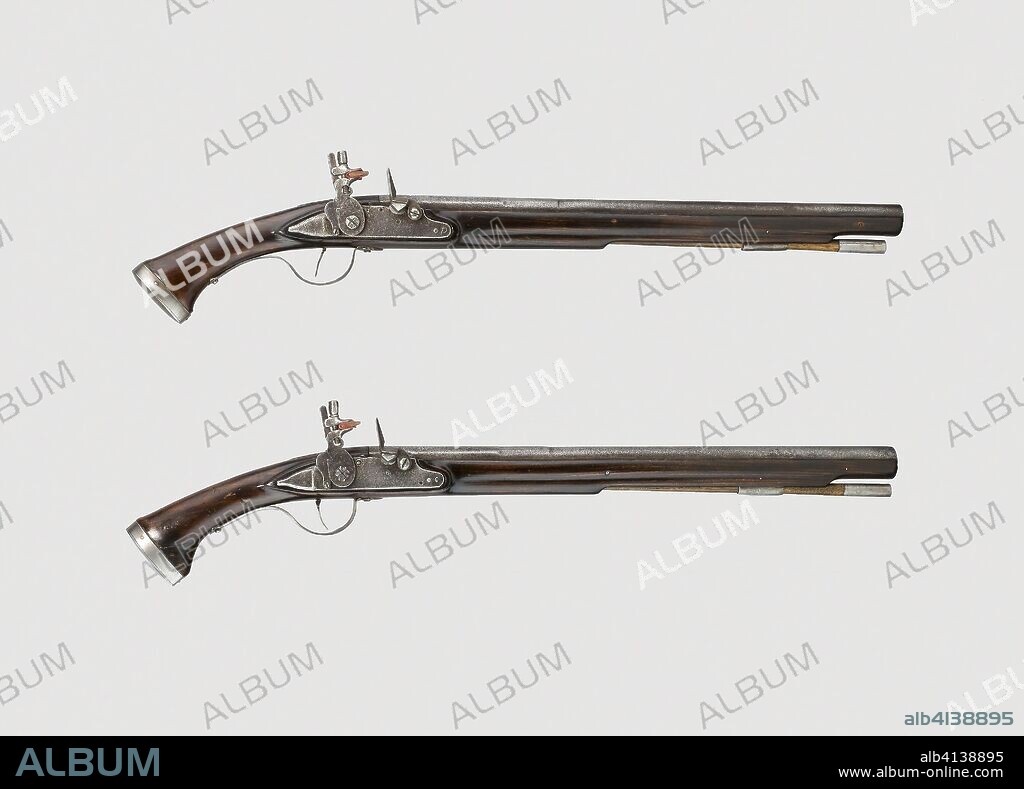 Pair of Flintlock Pistols. English. Date: 1640-1660. Dimensions: L. 58.8 (23 1/8 in.)
Barrel L. 40.7 cm (16 in.)
Wt. 2 lb. 1 oz.
Caliber .50. Steel, walnut, iron, and maple. Origin: England.