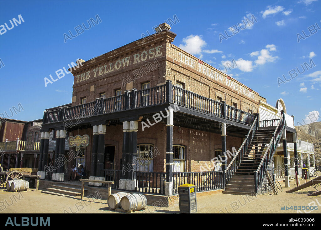 Province of Almería, Andalusia, Spain, Europe. Tabernas Desert (Desierto de Tabernas). Mini Hollywood film set, western theme park. Far West town. The saloon.