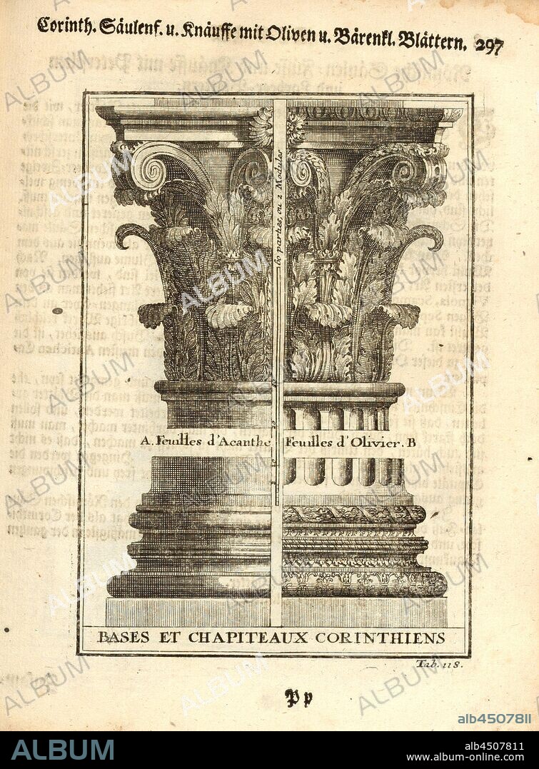 Corinthian bases and capitals, Base and capital (Corinthian order), tab. 118, p. 297, Augustin-Charles d'Aviler, Vignola, Michelangelo, Leonhard Christoph Sturm, Hertel: Ausführliche Anleitung zu der gantzen Civil-Bau-Kunst [...]. Augspurg: bey Johann Georg Hertel, 1747.