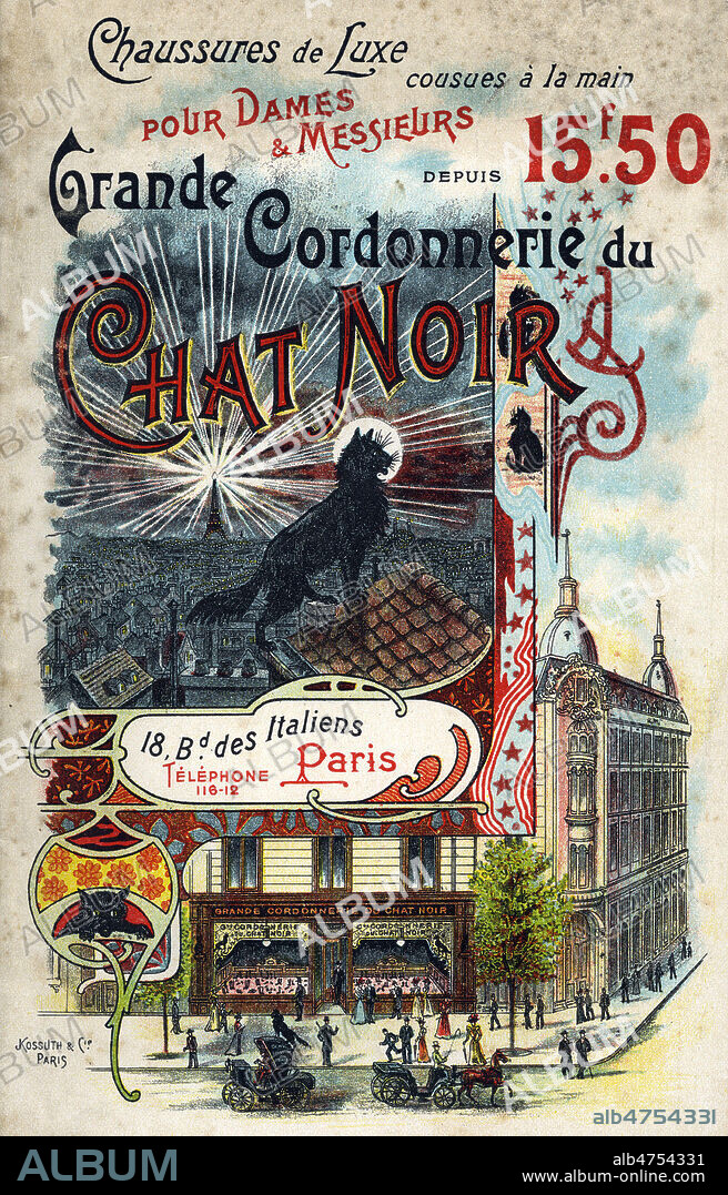'Chaussures de luxe pour dames et messieurs'. Brochure publicitaire vers 1900 pour la grande cordonnerie du Chat Noir. Illustration par KOSSUTH. Credit : Collection IM/KHARBINE-TAPABOR.