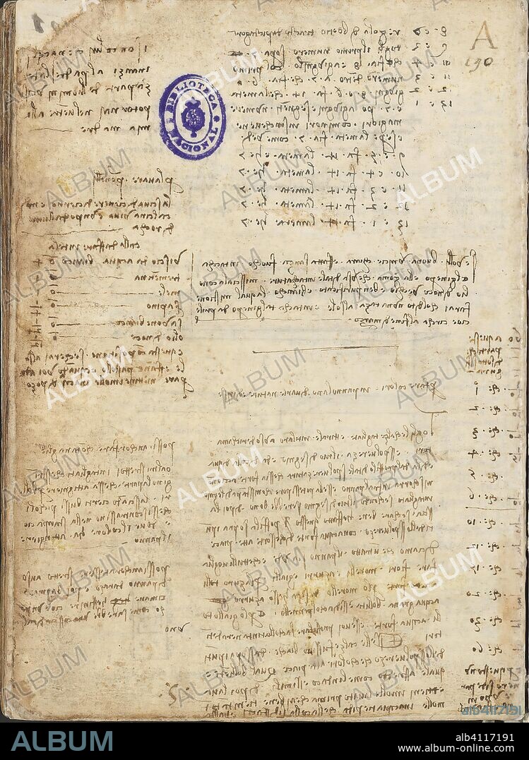 LEONARDO DA VINCI. Folio f 191v. Codex Madrid I (Ms. 8937) "Treaty of statics and mechanics", 192 folios with 384 pages. Internal format: 215 x 145 mm. CRAFTS. AUTHORS, CHARACTERS. FABLES, RIDDLES. MATHEMATICS. MENTION OF MATERIALS. PERSPECTIVE, OPTICS, PAINTING, DRAWING.