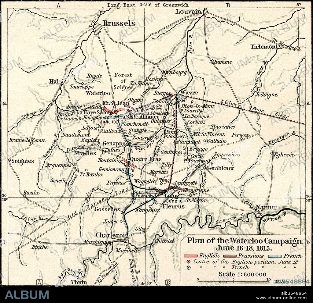 Plan of the Waterloo Campaign, June 16-18, 1815. From Historical Atlas, published 1923.