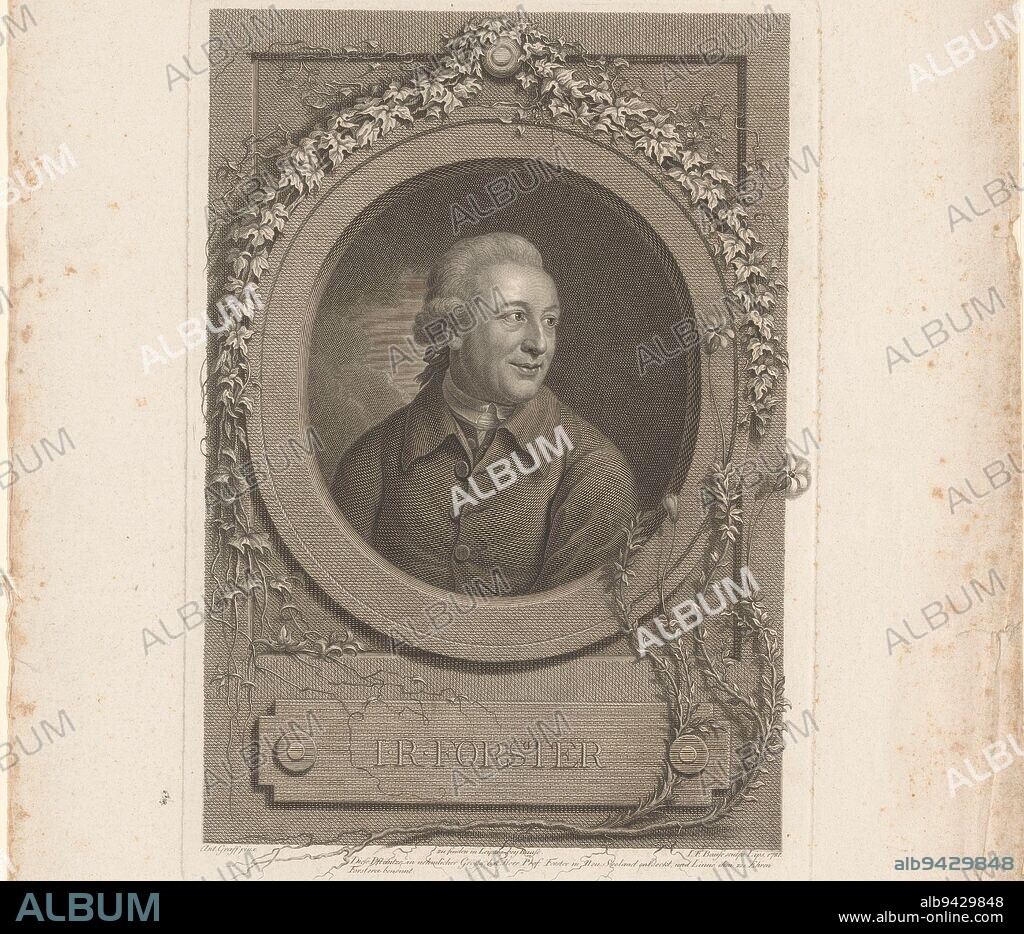 Portrait of Georg Forster, Johann Friedrich Bause, after Anton Graff, 1787, The plant shown in the print was discovered by Georg Forster in New Zealand. Carolus Linnaeus named the plant after him., print maker: Johann Friedrich Bause, (mentioned on object), after: Anton Graff, Leipzig, 1787, paper, engraving, etching, h 278 mm × w 196 mm.