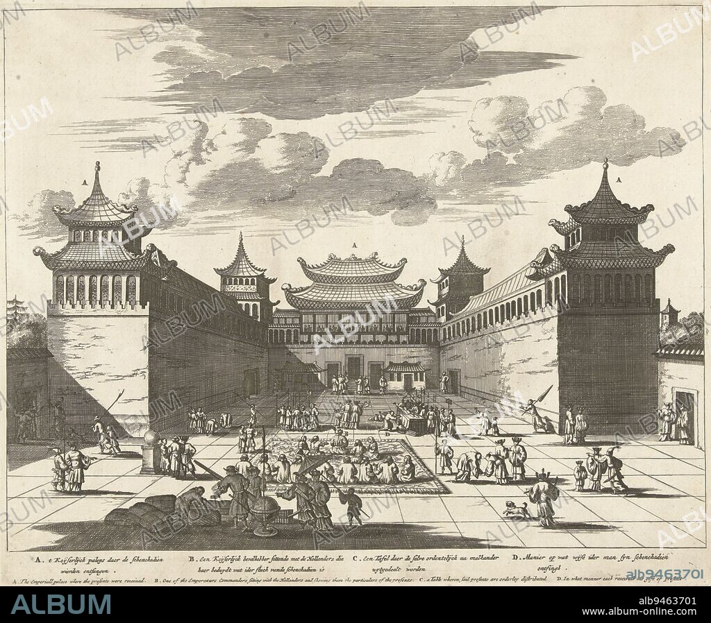 The Emperor of China accepts gifts from the Dutch in front of the palace, 1667, anonymous, 1668 - 1670, The third envoy under Pieter van Hoorn to China in 1666-1668. The Emperor of China receiving the gifts of the Dutch in front of the Midday Gate of the Imperial Palace in the Forbidden City, June 28, 1667. In the caption the legend A-D in Dutch and English., print maker: anonymous, Northern Netherlands, 1668 - 1670, paper, etching, engraving, h 288 mm × w 351 mm.