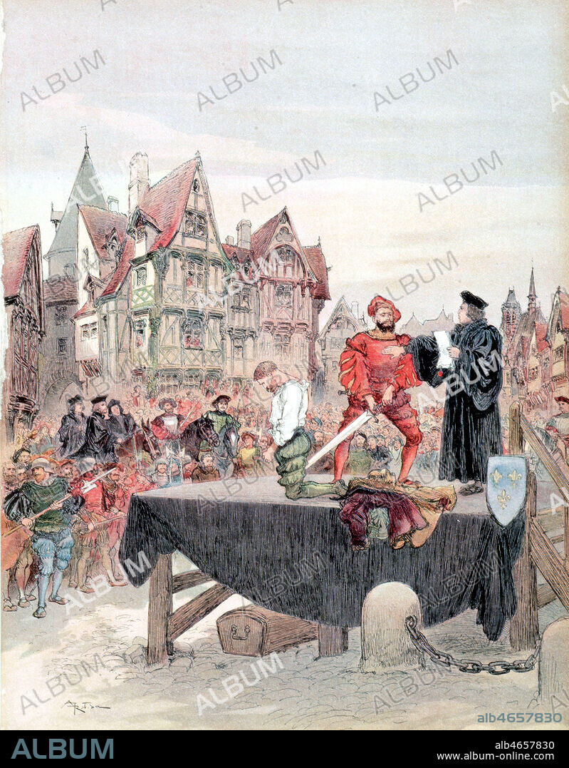Saint Vallier est gracie sur l'echaffaud. Illustration d'Albert ROBIDA (1848-1926) pour l'ouvrage 'Francois 1er' redige par Georges G-TOUDOUZE en 1909. Credit : Collection KHARBINE-TAPABOR.