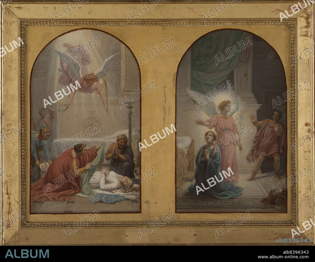 SEBASTIEN LOUIS GUILLAUME NORBLIN DE LA GOURDAINE. Sketch for the chapel of Sainte-Suzanne in the church of Saint-Roch in Paris, c.1857. Left: Empress Prisca with the body of St Susanna. Right: Maximus (Gaius Galerius Valerius Maximianus) steps back at the sight of the Angel which protects Susanna. Susanna was the niece of Pope Caius, who was close to emperor Diocletian. He had given his daughter Valeria in marriage to Maximus, but as she died soon after, he chose to marry Susanna. The young Christian refused his advances and underwent martyrdom. (Esquisse pour la chapelle Sainte-Suzanne de l'église Saint-Roch : "L’impératrice Prisca ensevelissant le corps de sainte Suzanne" - "Maximien reculant à la vue de l'ange qui protège sainte Suzanne").