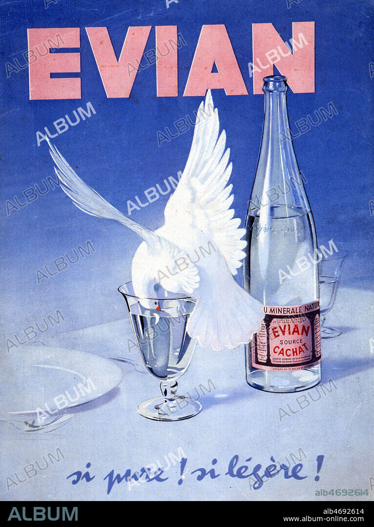 'EVIAN si pure ! si legere !'. Publicite de 1957 pour l'eau d'Evian. Credit : Collection Jonas/KHARBINE-TAPABOR.