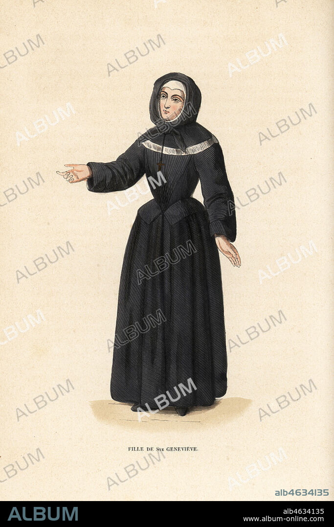 Sister of the Congregation of France, or Genovefain, founded at the Abbey of Saint Genevieve, Congregation de France, fille de Ste. Genevieve. Handcoloured woodblock engraving after an illustration by Jacques Charles Bar from Abbot Tirons Histoire et Costumes des Ordres Religieux, Librairie Historique-Artistique, Brussels, 1845.