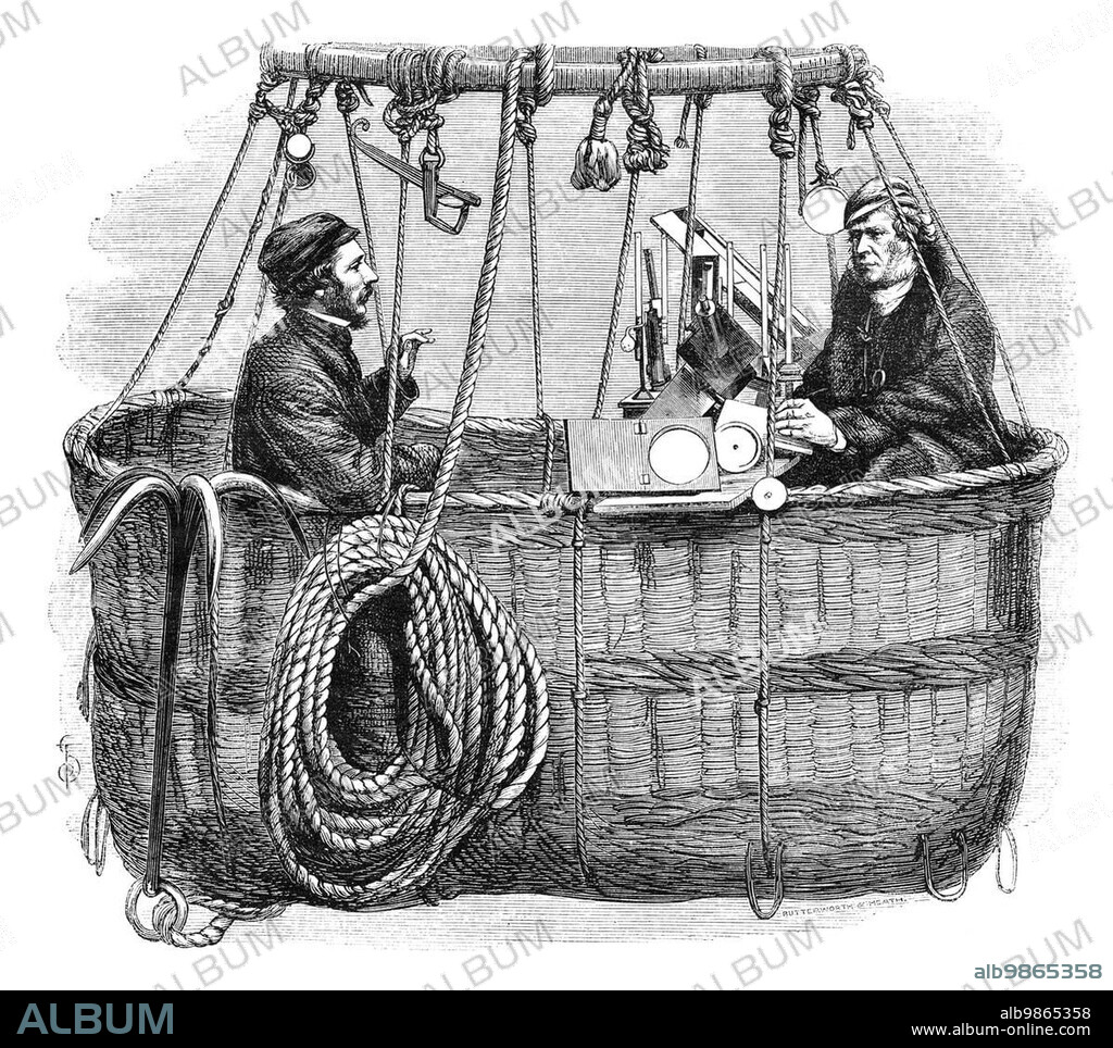 James Glaisher and Henry Tracey Coxwell sitting in the car of their hot air balloon with some scientific instruments. Illustration from an english magazine printed in 1864