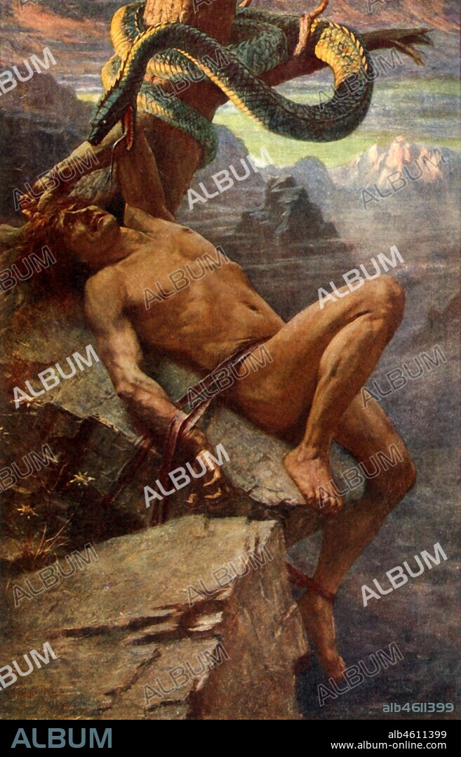 JAMES DOYLE PENROSE. 'The Punishment of Loke', 1912. Loki, the Norse god of fire, was tied to a rock where the venom of the serpent would fall on his face, he writhed in pain causing earthquakes. From "Teutonic Myth and Legend", by Donald A. Mackenzie. [The Gresham Publishing Company, London, 1912].