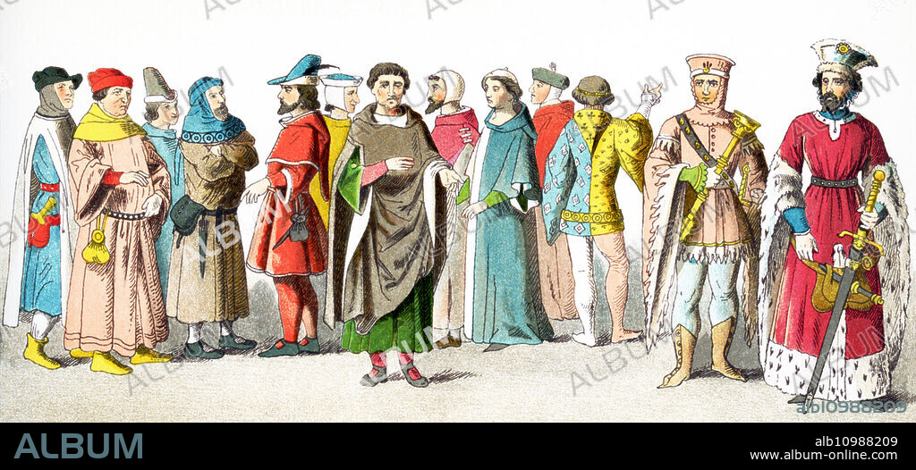 The figures represent French people around A.D. 1300. They are, from left to right: eight citizens, noble, citizen, noble, Sergeant at Arms, Duke of Burgundy. The illustration dates to 1882.