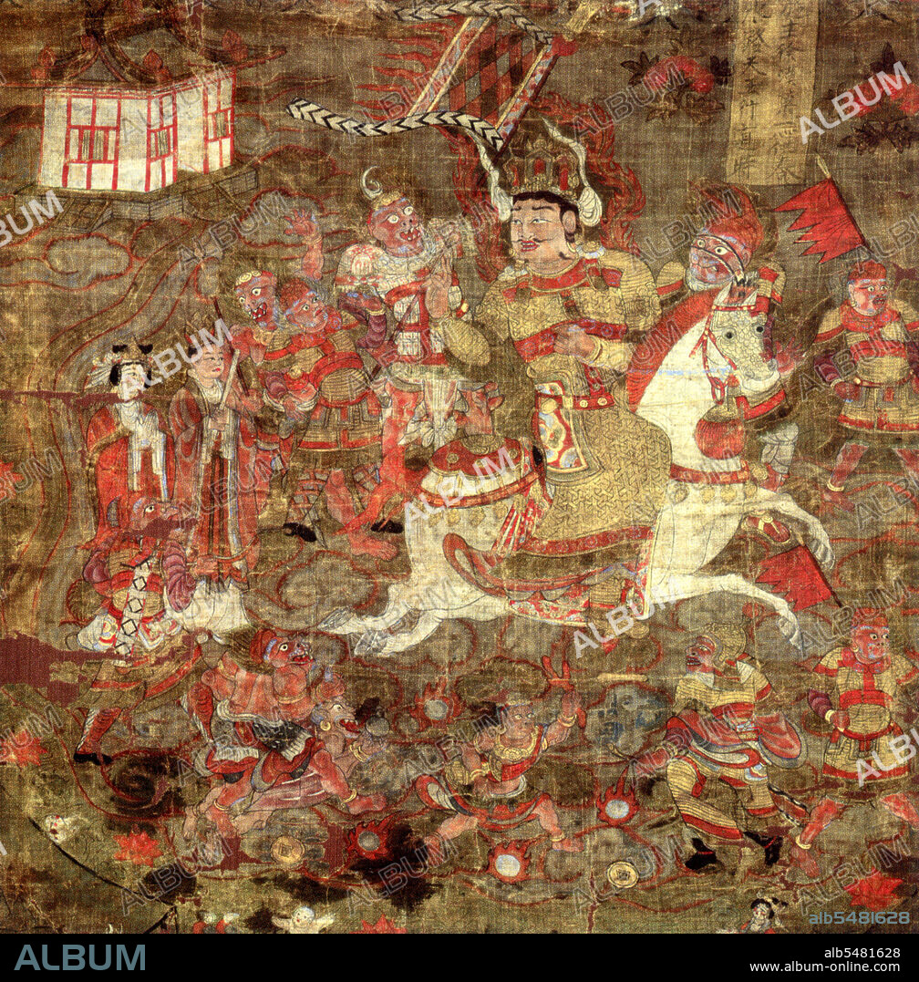 Vaisrava?a (Sanskrit) or Vessava?a (Pali) also known as Jambhala in Tibet and Bishamonten in Japan is the name of the chief of the Four Heavenly Kings and an important figure in Buddhist mythology. Here he is depicted riding across the sea. The Buddhist era kings of Khotan claimed descent from Vaisravana, who is said to have come to live in the oasis when it was just a desert.