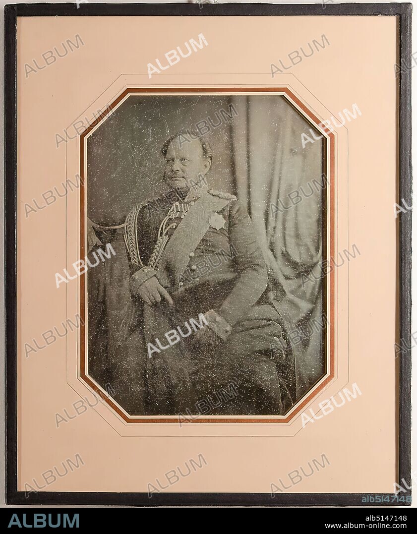 Hermann Biow, King Frederick William IV of Prussia, daguerreotype, picture size (light measure): height: 19.6 cm; width: 14.7 cm, inscribed: in blue ink on the back wall: King Frederick William IV King, of Prussia, numbered: verso: in black ink on label: D.S, 332, portrait photograph, ruler's portrait, state portrait, full-length portrait, seated figure, king, man, historical person, uniforms (military), Prussia, King Frederick William IV.