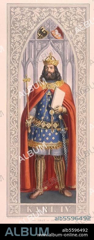 Charles IV (Wenceslas) de Luxembourg ; empereur romain d'. occident ; 1316-1378. - "Charles IV suivant le cortège funéraire de Günther von Schwarzburg" (1304 - Francfort / Main 14 juin 1349). Gravure sur bois, v. 1855, d'ap. dessin d'Anton Dietrich (1833-1904). Berlin, Sammlung Archiv für Kunst und Geschichte.