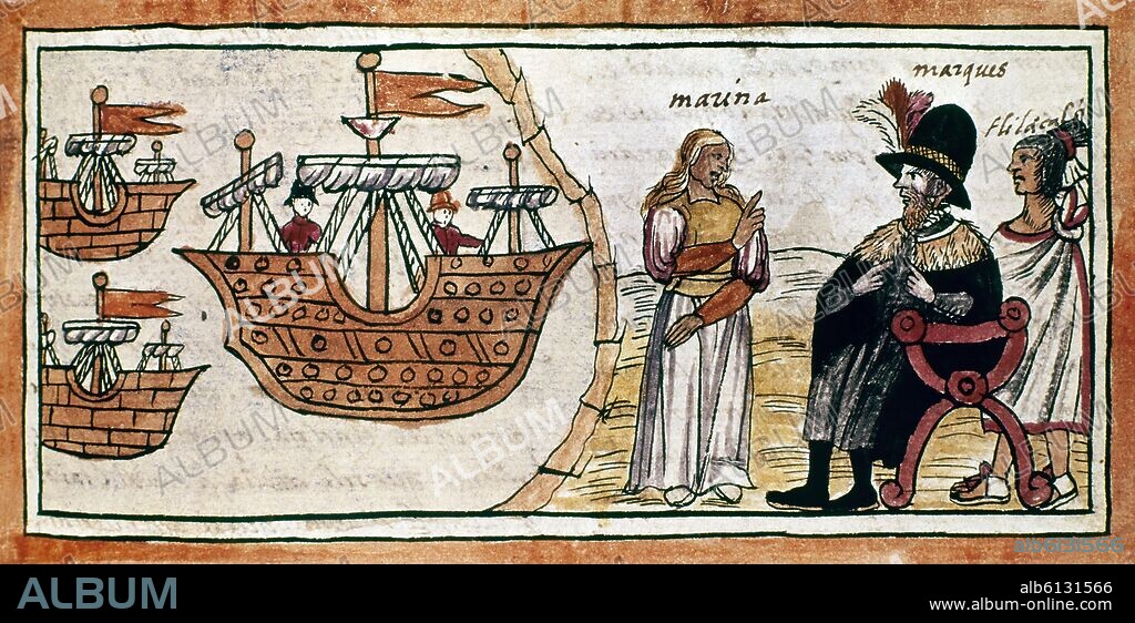 DIEGO DURAN. Spanish school. Conquest of Mexico : Arrival of Ships and Hernan Cortes is Meeting Marina. Conquista de Mexico : Llegada de naves y Hernan Cortés conoce a Marina. 16th century manuscript. Madrid, national library.