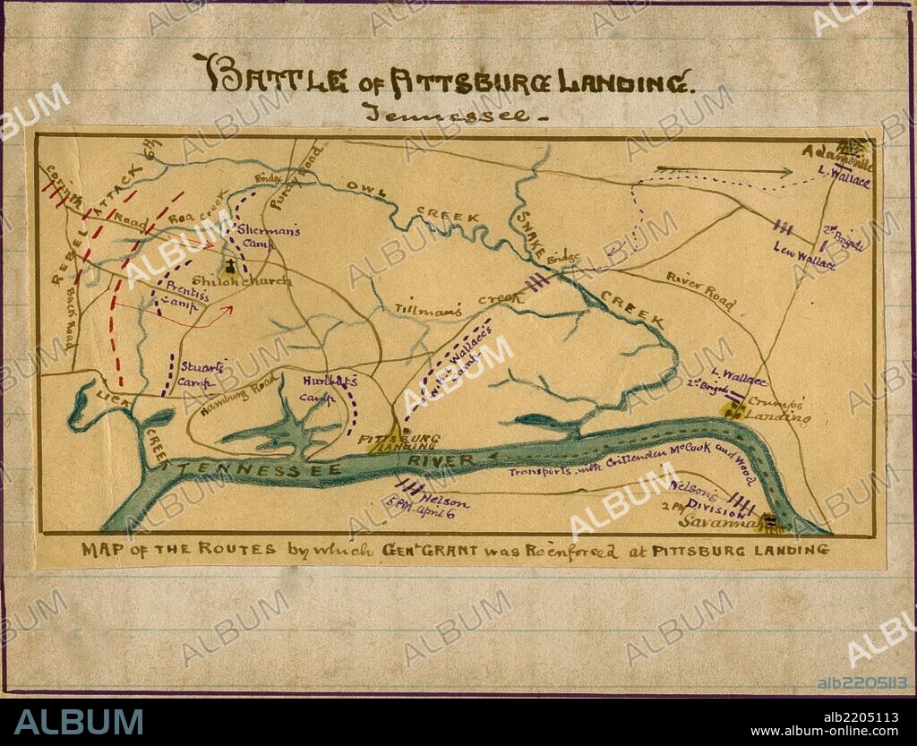 Depicts troop positions during the Battle of Shiloh, Tenn. Shows the area of Owl Creek to the north and the location of Pittsburg Landing along the Tennessee River to the south; Map of the routes by which Genl. Grant was reinforced at Pittsburg Landing.