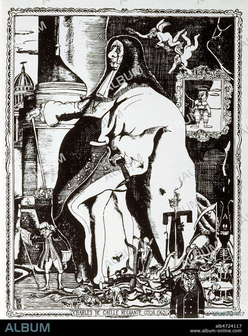 'Charles de Gaulle regnante (1958-1965)' Caricature de Moisan (1907-1987=ADAGP) pour le Canard Enchaine en 1965, Charles de Gaulle sous les traits de Louis XIV. Credit: Coll. Kharbine Tapabor.