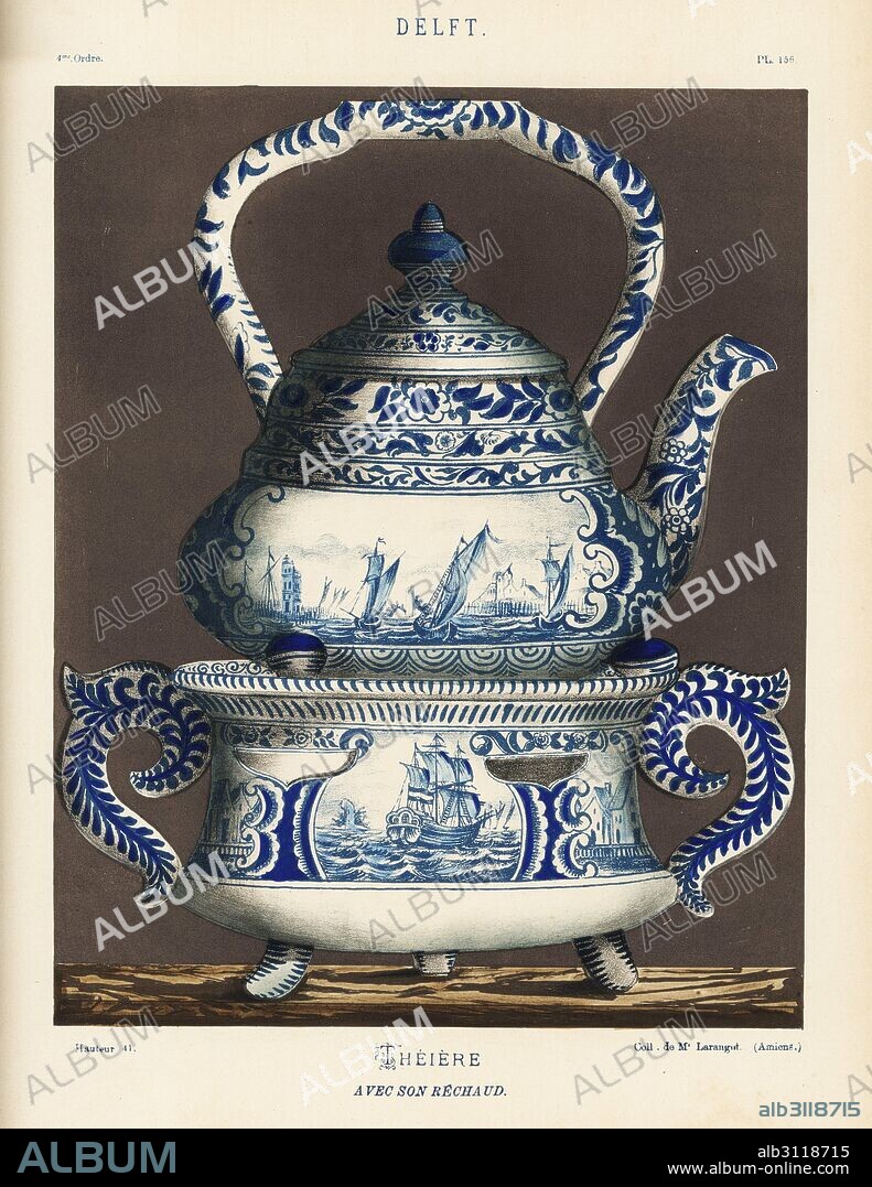 Tea pot and warmer from Delft, Netherlands, 18th century, decorated with vignettes of ships at sea and floral borders. Hand-finished chromolithograph from Ris Paquot's General History of Ancient French and Foreign Glazed Pottery, Chez l'Auteur, Paris, 1874.