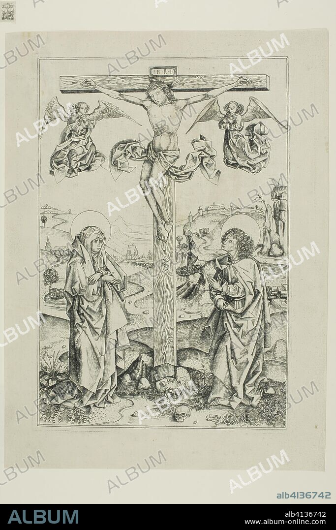 ANTON GERBEL. Christ on the Cross With Two Angels. Master A.G.; Netherlandish, active c. 1480-1490. Date: 1480-1490. Dimensions: 271 × 190 mm (plate); 320 × 235 mm (sheet). Engraving in black on off-white laid paper. Origin: Netherlands.