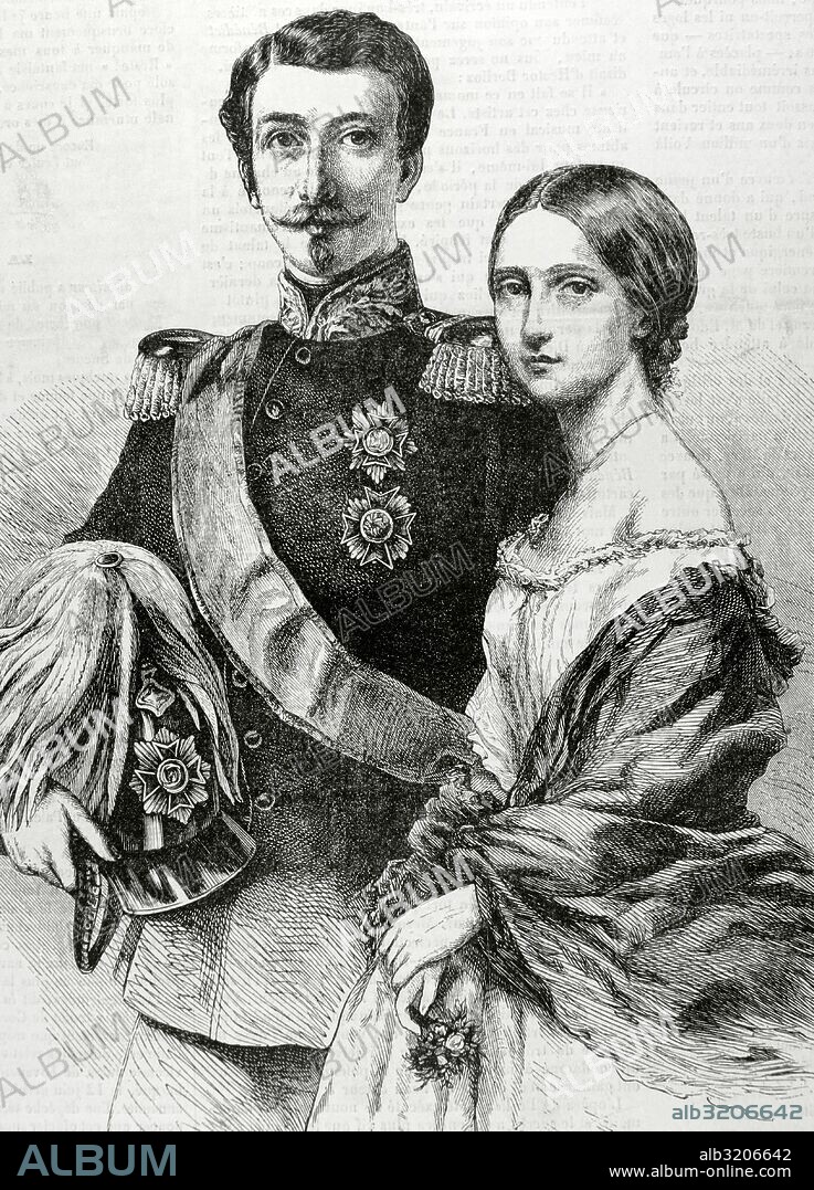 Federico I de Baden (1826-1907). Regente de Baden de 1852-1858 y Gran Duque de Baden de 1858 hasta 1907 Casa de Zähringen. Defensor de la monarquía constitucional. Federico I junto a su esposa Luisa de Prusia (1838-1923). Grabado. L'Univers Illustré, 1862.