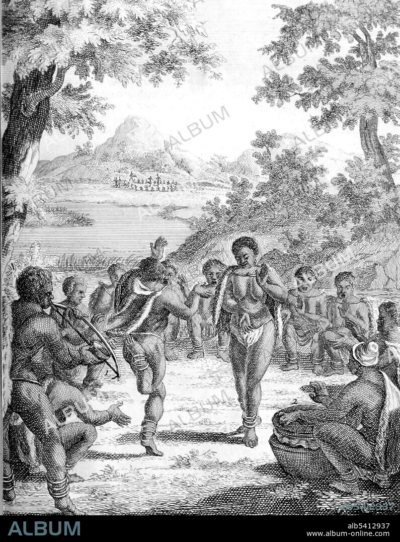 Der Hottentotten musicale instrumenten. 1. Gom-gom 2. Rommelpot (The Hottentotten musical instruments. 1. Gum-gum 2. Rommel pot). The Khoikhoi are the traditionally nomadic pastoralist non-Bantu indigenous population of southwestern Africa. Khoikhoi musical dances are accompanied by hocket based chants and instruments such as bows, one-tone reed flutes, and drums (made from pottery and sheepskin). Peter Kolbe (1675-1726) was a Dutch astronomer and naturalist. He is best remembered for his publication Naauwkeurige beschryving van de Kaap de Goede Hoop, describing the geography, climate, flora and fauna, followed by an accurate study of the Hottentots (Khoikhoi), covering their language, religion, lifestyle and customs. Cropped, original sized image appeared in: Naauwkeurige beschryving van de Kaap de Goede Hoop by Peter Kolbe, 1727.