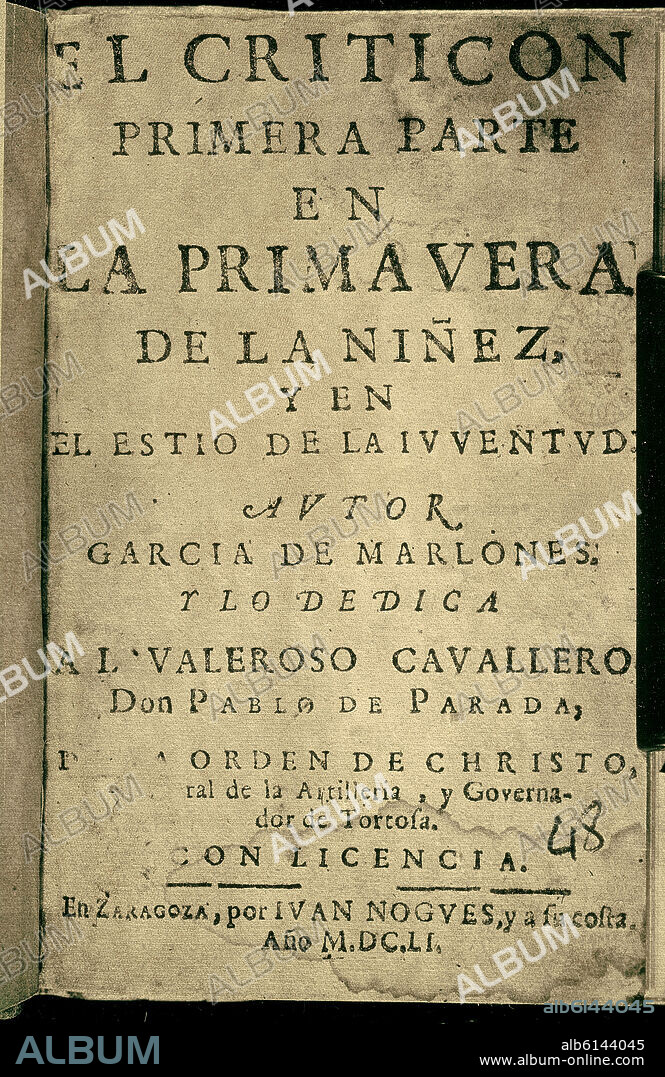 GRACIAN BALTASAR. Flyleaf of "The Critic" (El Criticon). Madrid, National Library.