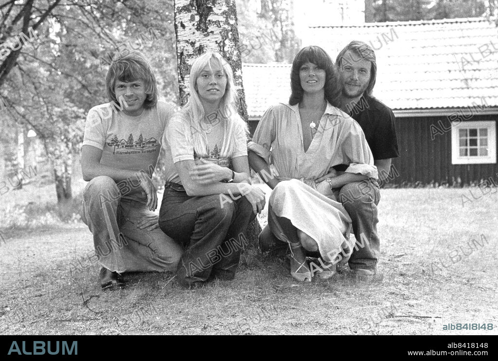 ABBA, Bjorn Ulvaeus, Agnetha Faltskog, Anni-Frid Lyngstad and Benny Andersson, at Bjorneborg's Folkpark in Degerfors, Sweden, on June 26, 1975, during their Swedish tour. Photo: Staffan Almquist / Expressen / TT / code 2.