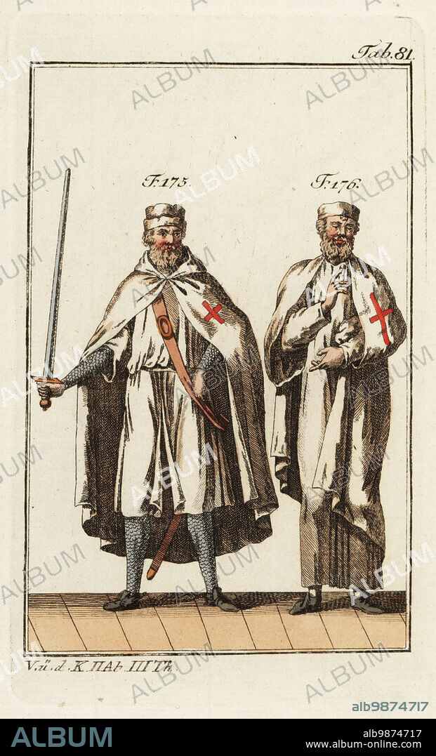 Two Knights Templar. One in battle garb (175), armed with sword and wearing chainmail armor beneath his tunic and cape with red cross. One in house wear (176), or monastery robes. The Order of the Knights Templar was a military order founded in 1118 by Hugues de Payens, a knight of Champagne, and eight other knights to protect pilgrims to the Holy Land. Copied from an illustration by Jacques Charles Bar in Costumes des ordres religieux et militaires, 1778. Handcolored copperplate engraving from Robert von Spalart's Historical Picture of the Costumes of the Principal People of Antiquity and Middle Ages, Vienna, 1802.