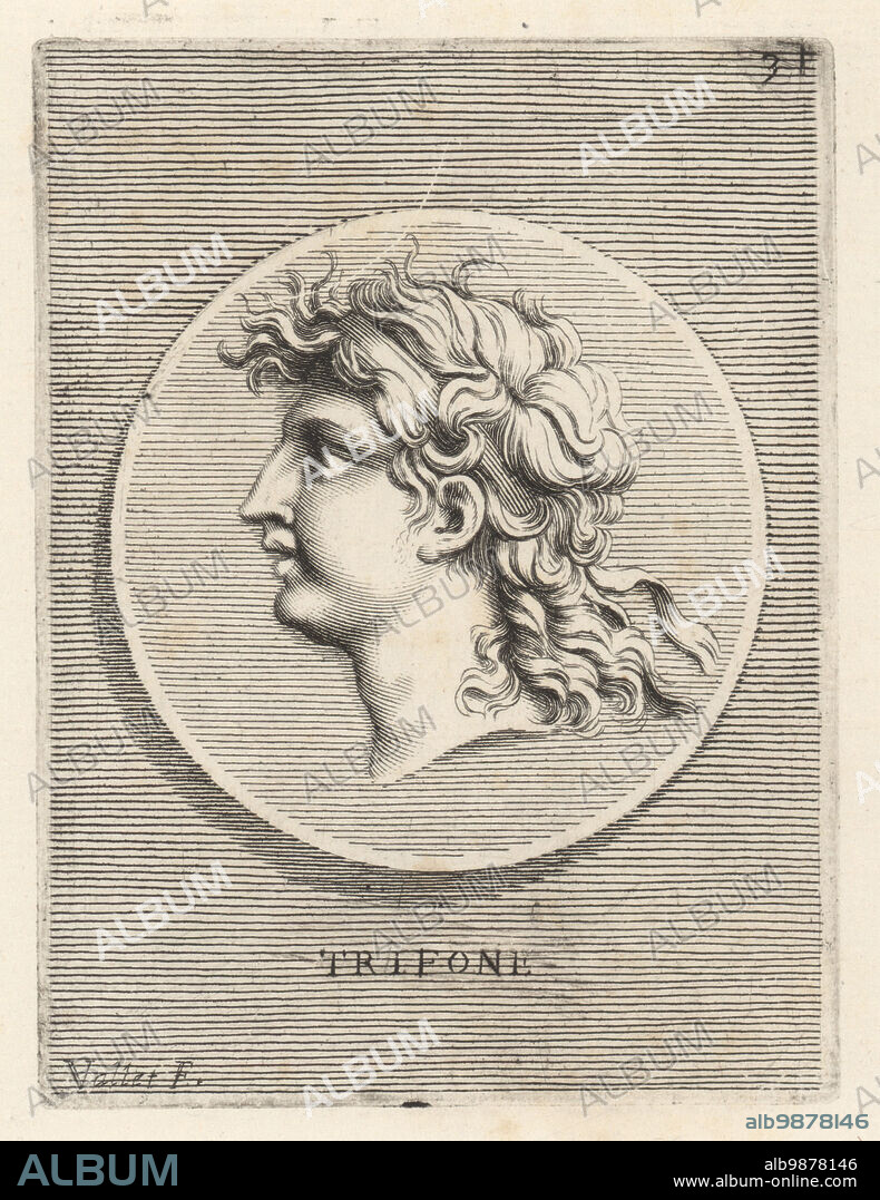 Diodotus Tryphon, nicknamed The Magnificent, Greek king of the Seleucid Empire. Head of a young man in royal diadem from a bronze medal. Trifone. Copperplate engraving by Guillaume Vallet after Giovanni Angelo Canini from Iconografia, cioe disegni d'imagini de famosissimi monarchi, regi, filososi, poeti ed oratori dell' Antichita, Drawings of images of famous monarchs, kings, philosophers, poets and orators of Antiquity, Ignatio deLazari, Rome, 1699.