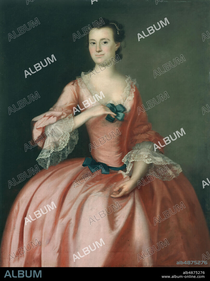 Joseph Blackburn, Portrait of Mrs. Thomas Flucker (née Hannah Waldo), ca. 1755, oil on canvas, 50 1/8 in. x 40 in. (127.32 cm x 101.6 cm), Joseph Blackburn was perhaps the most au courant of the small number of trained English painters working in the American colonies during the mid-eighteenth century. A master of the fashionable French idiom known as Rococo, Blackburn was among the first painters to bring its elegant poses and pastel colors to British America. He was heavily patronized by the colonial elite, who were anxious to have their portraits painted in what was a cutting-edge style, even by London standards. In 1751 Hannah Waldo, the daughter of Brigadier General Samuel Waldo whose portrait is nearby, married Thomas Flucker, his portrait by Copley also hangs nearby. Although Hannah's pose is derived from English mezzotints, Blackburn has imbued her with delicacy and life. The original frame is, like her father's, the work of an unidentified but talented Boston carver working in the Rococo style.