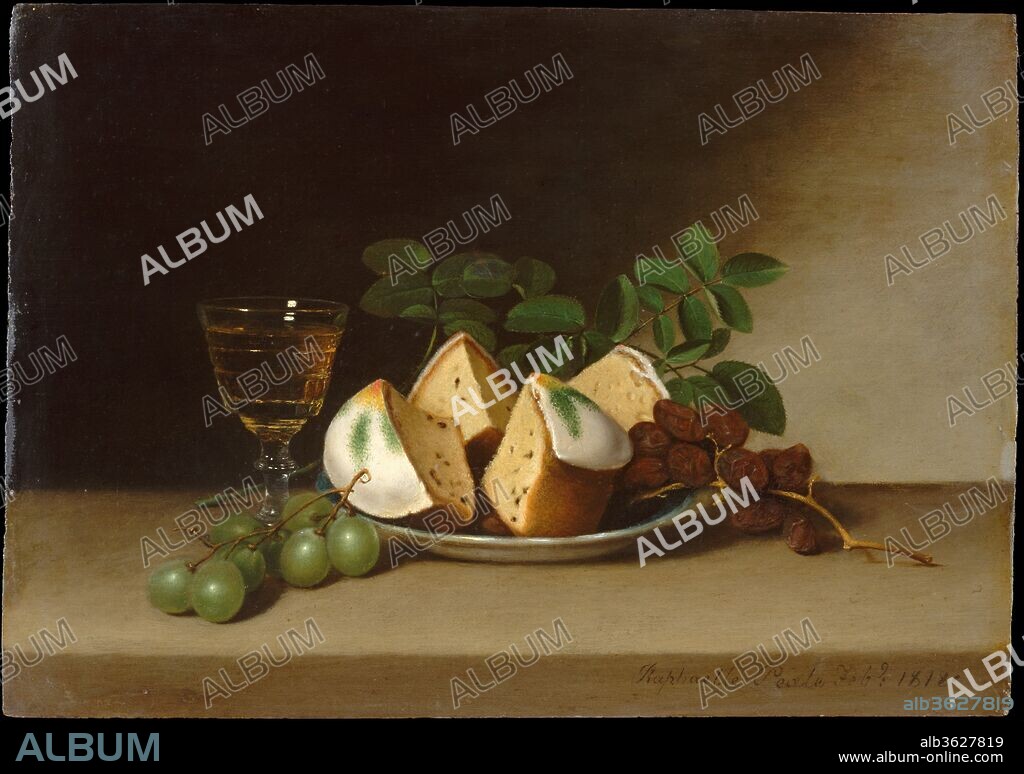 Still Life with Cake. Artist: Raphaelle Peale (1774-1825). Dimensions: 10 3/4 x 15 1/4 in. (27.3 x 38.7 cm). Date: 1818.
This typical still life by Raphaelle Peale, the son of Charles Willson Peale, may have been the picture exhibited in 1819 at the Pennsylvania Academy of the Fine Arts as "Still Life--Wine, Cakes, Grapes, &c." A similar picture dating from the same year is in the Detroit Institute of Arts. Peale's tightly grouped still lifes are often permeated with  a delicate melancholy akin to that which characterized the life of the artist; he was an alcoholic who suffered the effects of arsenic and mercury poisoning caused by his work as a taxidermist in his father's museum. His spare, essential style may have been influenced by the Spanish still lifes he studied in Mexico and by the works of Juan Sanchez Cotan, exhibited at the Pennsylvania Academy in 1818.