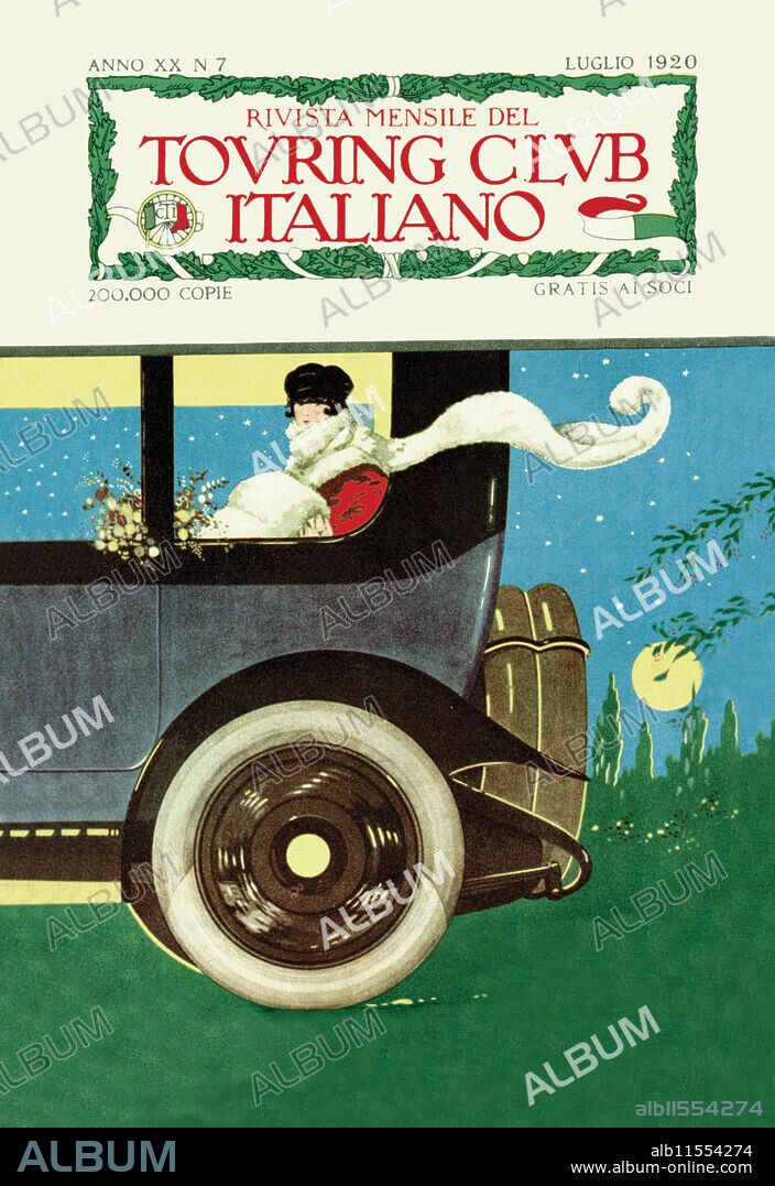 UNKNOWN. Magazine cover for an edition of the Touring Club Italiano (TCI) (in English, Touring Club of Italy) is the major Italian national tourist organization.  The Touring Club Ciclistico Italiano (TCCI) was founded on November 8, 1894 by a group of bicyclists to promote the values of cycling and travel, its founding president was Luigi Vittorio Bertarelli. It published its first maps in 1897. By 1899, it had 16,000 members. With the new century, it promoted tourism in all its forms – including auto tourism – and the appreciation of the natural and urban environments. Under Fascism, starting in 1937, it was forced to Italianize its name to the Consociazione Turistica Italiana.  This cover shows a woman riding in the back of a sedan with her stole flying out the window.