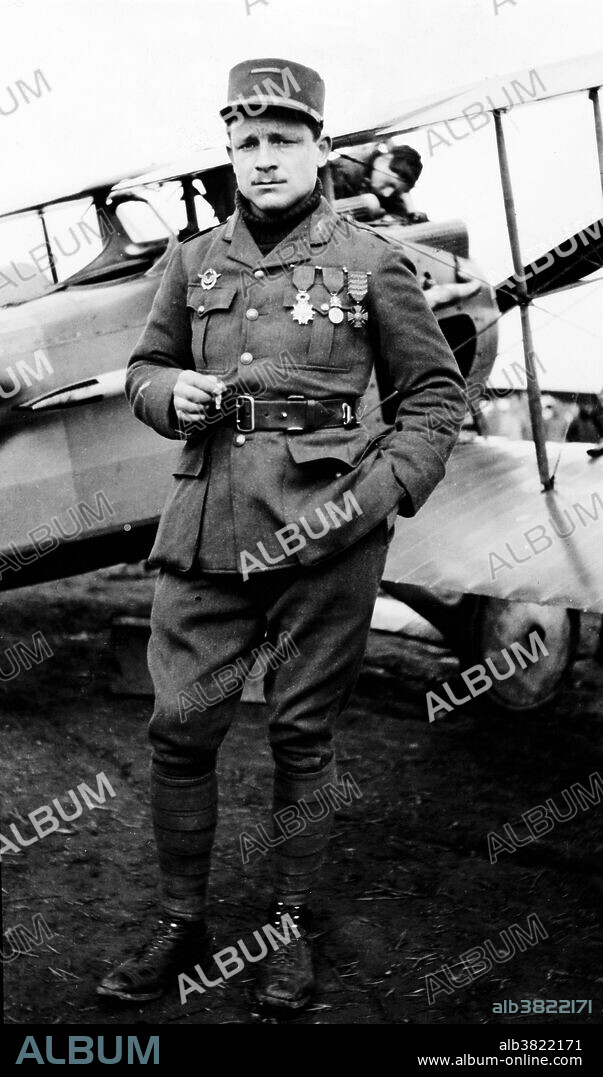 The Lafayette Escadrille was an escadrille (squadron) of the French Air Service, the AÃ©ronautique Militaire, during World War I composed largely of American volunteer pilots flying fighters. Gervais Raoul Lufbery (March 14, 1885 - May 19, 1918) was a French-American fighter pilot and flying ace in World War I. Because he served in both the French Air Force, and later the United States Army Air Service in World War I, he is sometimes listed alternately as a French ace or as an American ace. Officially, all but one of his 17 combat victories came while flying in French units. On May 19, 1918, Lufbery took off in his Nieuport 28 in an attempt to intercept a German Rumpler reconnaissance machine near to the 94th's home airfield. Closing in to attack, the German gunner's fire hit the Nieuport. What happened next has been a matter of debate. At an altitude variously estimated between 200 and 600 feet, Lufbery was said to have jumped out of the plane, either to avoid a fiery death or as an attempt to land in the nearby Moselle River, rather than being thrown from the cockpit after it flipped over above the village of Maron. His falling body struck a metal garden picket fence, causing his death.