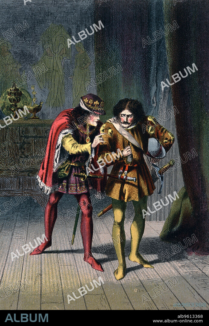 ROBERT DUDLEY. Scene from Shakespeare's Richard III, (1591) c1858. Richard III gives Sir James Tyrrell the order to kill the sons of Edward IV, the Princes in the Tower, with the inducement say it is done,/And I will love thee, and prefer thee too.  Illustration for Act IV Scene II of the tragedy Richard III by William Shakespeare. (London. c1858).
