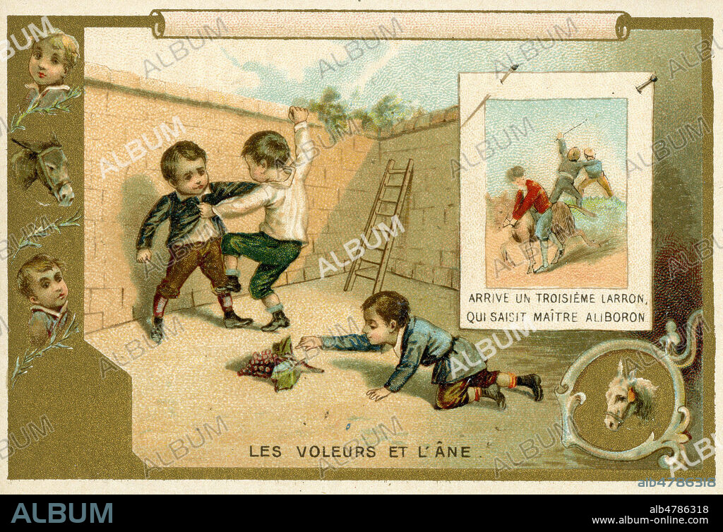 'Les voleurs et l'ane - Arrive un troisieme larron, qui saisit maitre aliboron' : illustration par des enfants de la fable de La Fontaine. Chromo Liebig vers 1900, illustration anonyme. Credit : Collection IM/KHARBINE-TAPABOR.