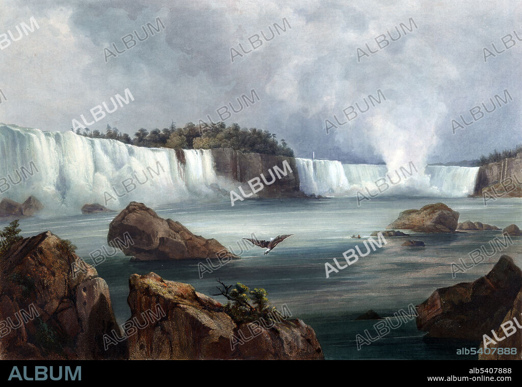 Niagara Falls is the collective name for three waterfalls that straddle the international border between the Canadian province of Ontario and the American state of New York. They form the southern end of the Niagara Gorge. From largest to smallest, the three waterfalls are the Horseshoe Falls, the American Falls and the Bridal Veil Falls. Niagara is derived from the name given to a branch of the local native Neutral Confederacy (Iroquoian-speaking North American indigenous people), who are described as being called the Niagagarega people on several 17th century French maps of the area. Voyage dans l'interieur de l'Amerique du Nord, execute pendant les annees 1832-34. Karl Bodmer (February 11, 1809, October 30, 1893) was a Swiss printmaker, lithographer, painter, illustrator and hunter.