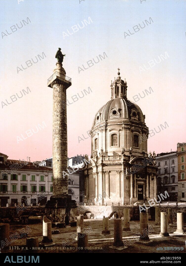 Trajan's Column is a Roman triumphal column in Rome, Italy, that commemorates Roman emperor Trajan's victory in the Dacian Wars. It is located in Trajan's Forum, built near the Quirinal Hill, north of the Roman Forum. Completed in AD 113, the freestanding column is most famous for its spiral bas relief, which artistically describes the epic wars between the Romans and Dacians (101-102 and 105-106). Its design has inspired numerous victory columns, both ancient and modern. The structure is about 98 feet in height, 125 feet including its large pedestal. The shaft is made from a series of 20 colossal Carrara marble drums, each weighing about 32 tons, with a diameter of 11 feet. The 625 foot frieze winds around the shaft 23 times. Inside the shaft, a spiral staircase of 185 steps provides access to a viewing platform at the top.  Ancient coins indicate preliminary plans to top the column with a statue of a bird, probably an eagle, but after construction, a statue of Trajan was put in place; this statue disappeared in the Middle Ages. On December 4, 1587, the top was crowned by Pope Sixtus V with a bronze figure of St. Peter, which remains to this day. Detroit Publishing Company circa 1890-1900.