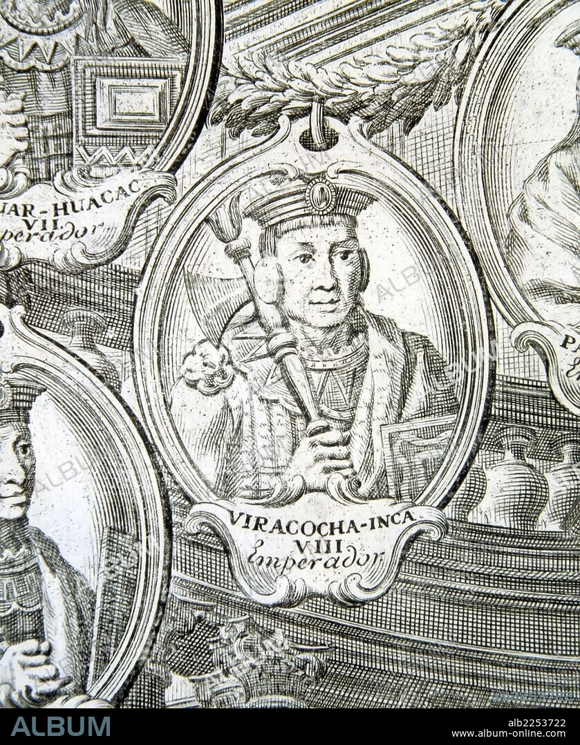 VIRACOCHA INCA. VIII EMPERADOR INCA. DETALLE GRABADO DEL LIBRO " OBSERVACIONES ASTRONOMICAS Y FISICAS DE LOS REINOS DEL PERU " DE JORGE JUAN Y ANTONIO ULLOA. BIBLIOTECA NACIONAL. MADRID.