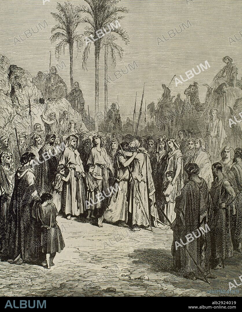 "RECONCILIACION DE JACOB Y ESAU". Grabado de Gustave DORE.