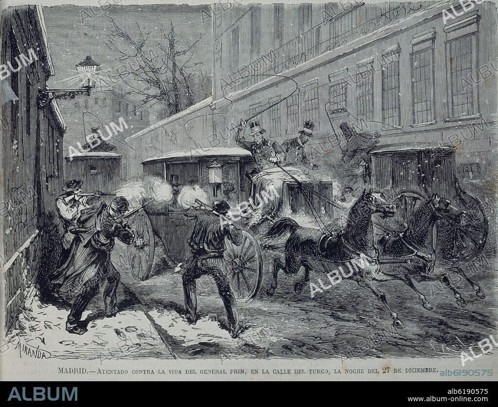 MANUEL MIRANDA Y CAPUZ (S XIX) PINTOR. GRABADO - ATENTADO CONTRA EL GENERAL PRIM EN CALLE DEL TURCO 27/12/1870 - ILUSTRACION ESPAÑOLA Y AMERICANA.